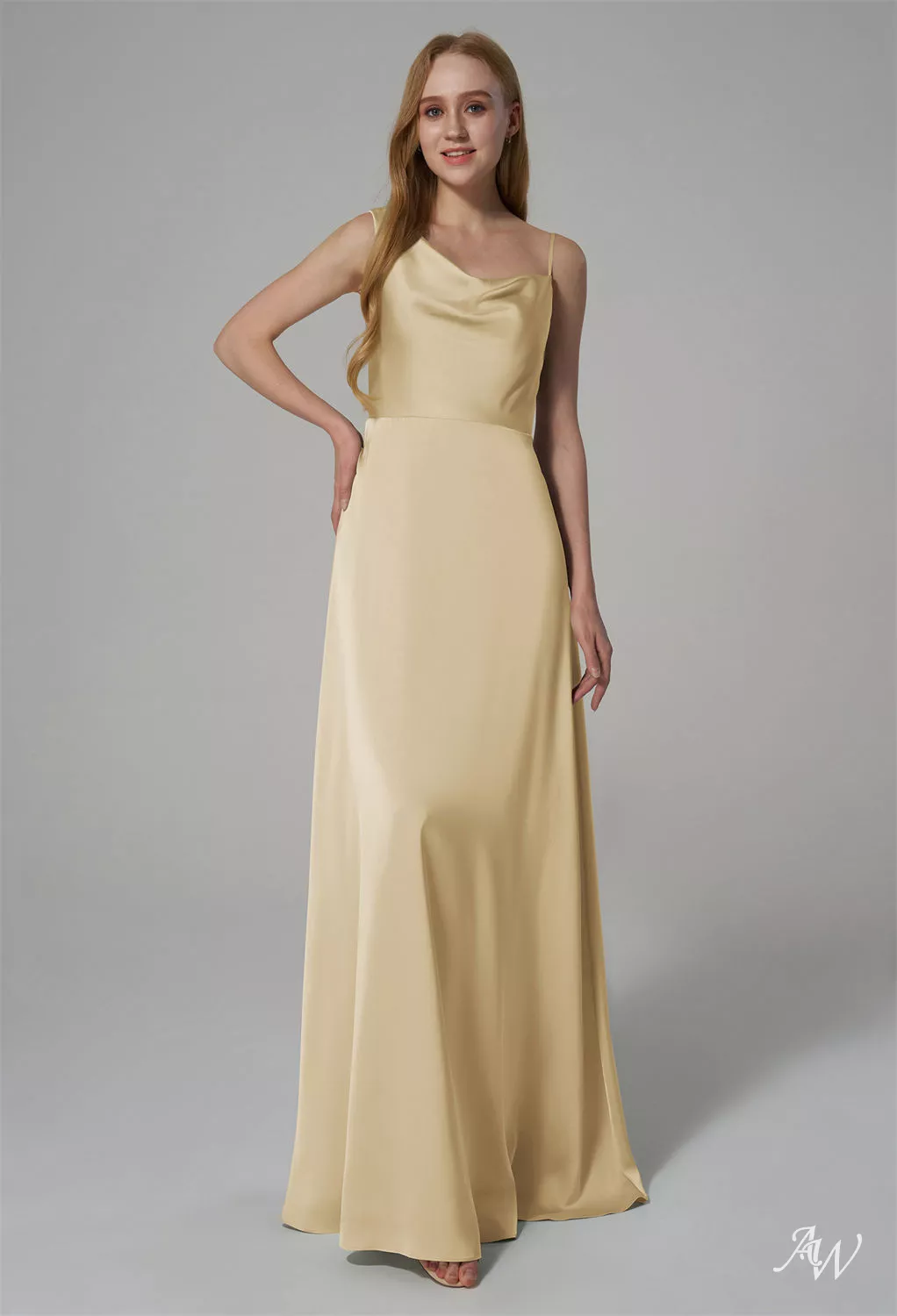 AW Annabella Dress, Blue Ashes Satin Charmeuse Floor Length One Shoulder Bridesmaid  Dresses | AW.Bridal
