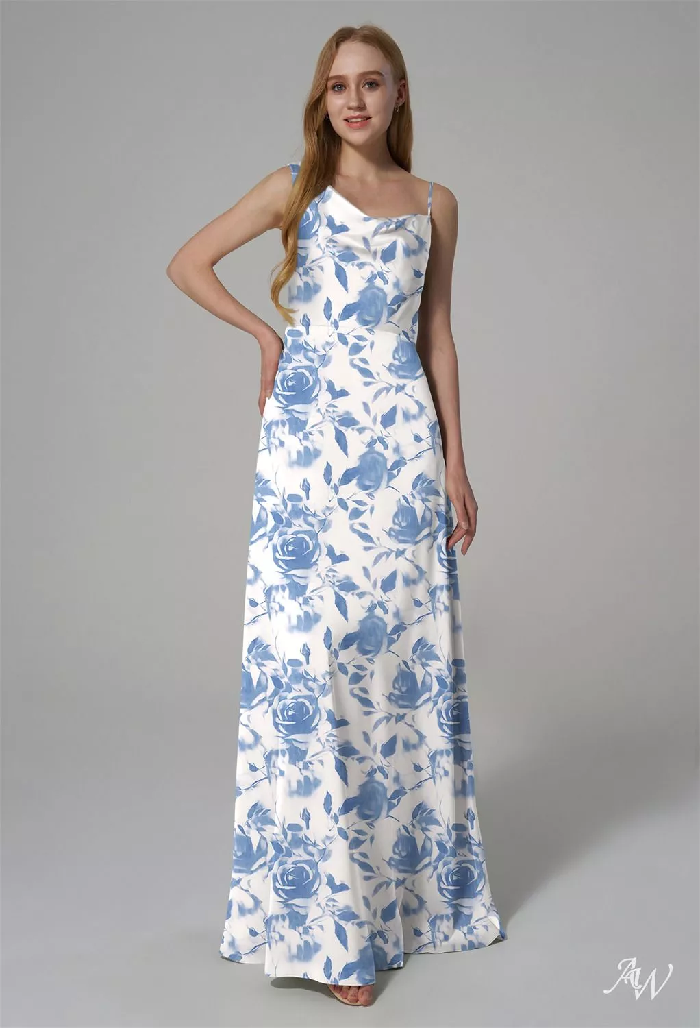 AW Annabella Dress, Blue Ashes Satin Charmeuse Floor Length One Shoulder Bridesmaid  Dresses