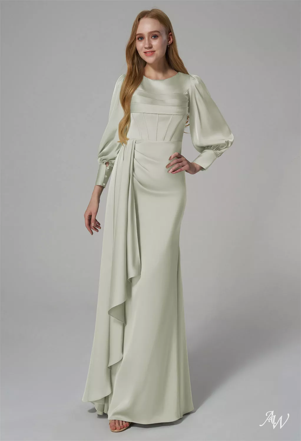 sleeves sage green bridesmaid dresses AW.Bridal Mermaid Bateau Neckline Floor Length Long Puff Sleeves Satin Long Dress Size 6 event:Bride