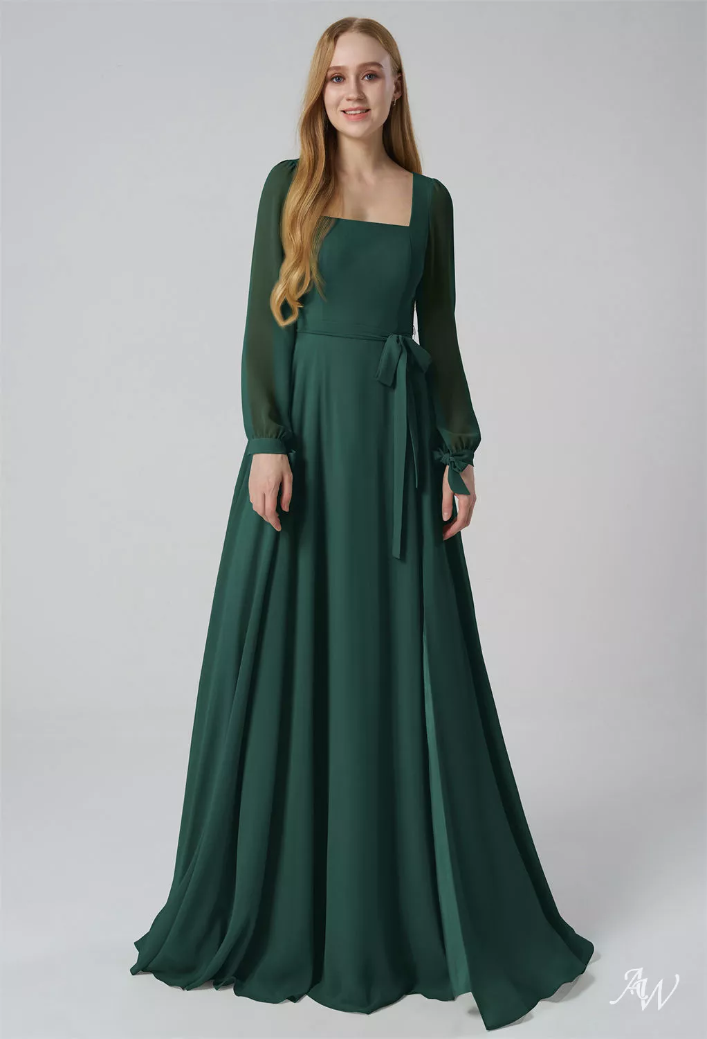 emerald bridesmaid dresses long sleeve Emerald Deep V Satin Bridesmaid Dress main image 1