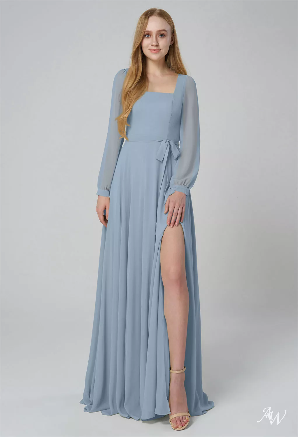 blue dress for baby girl Beautiful Dusty Blue Tulle A-line Floor-Length Long Bridesmaid Dresses,  MBD151 main image 0