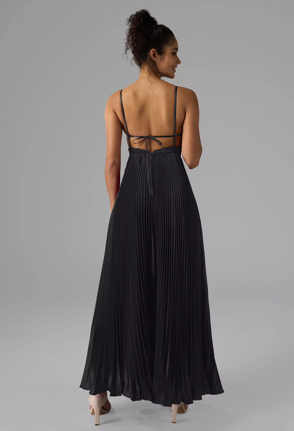 open lace back dress Midi Wedding Guest Dress with Half Sleeves and Pleated V-Neck