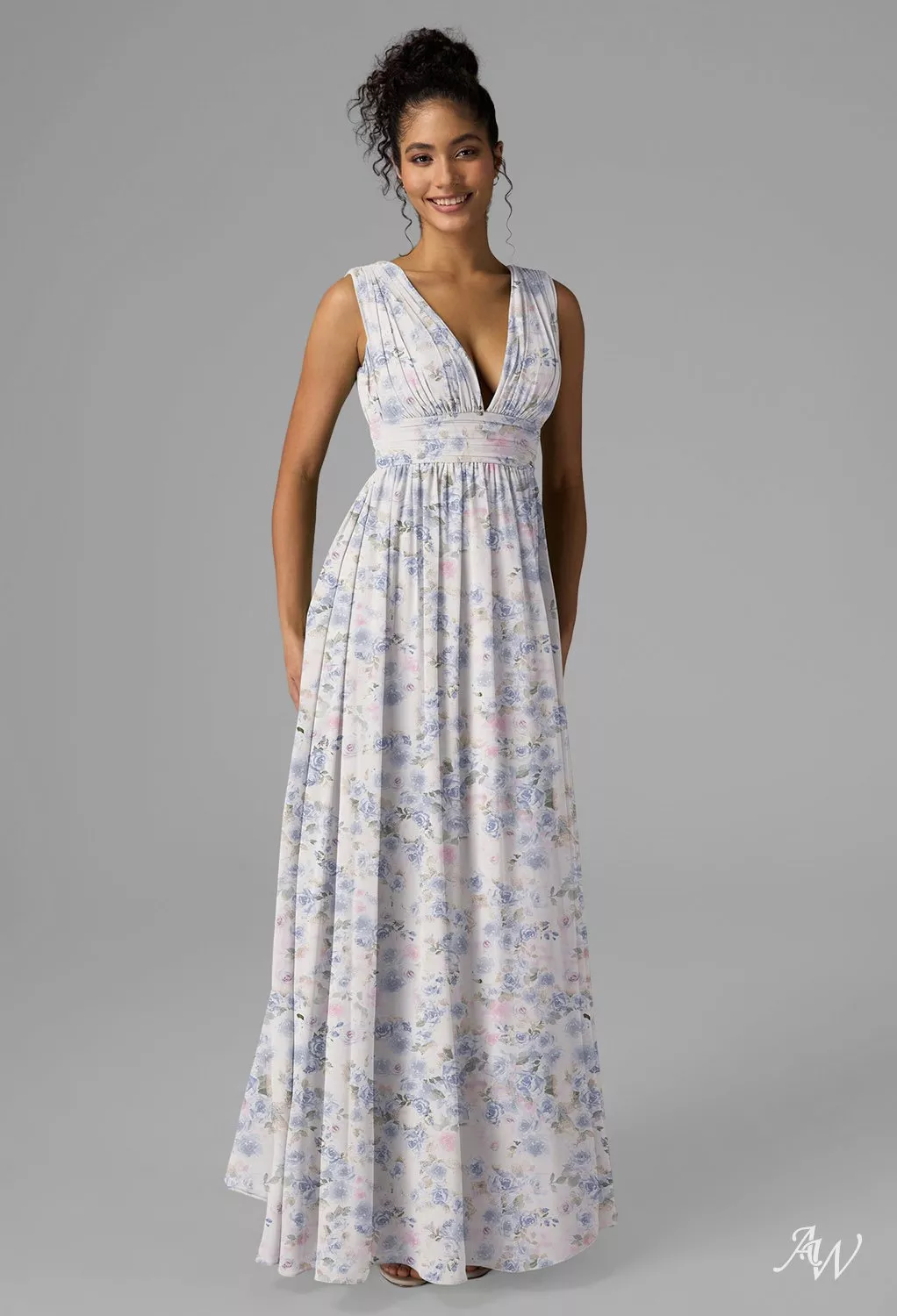azure bridesmaid dresses AW.Bridal A-line V-Neck Floor Length Chiffon Ruching Split Floral Bridesmaid Dresses Azure Purple Print Size 16