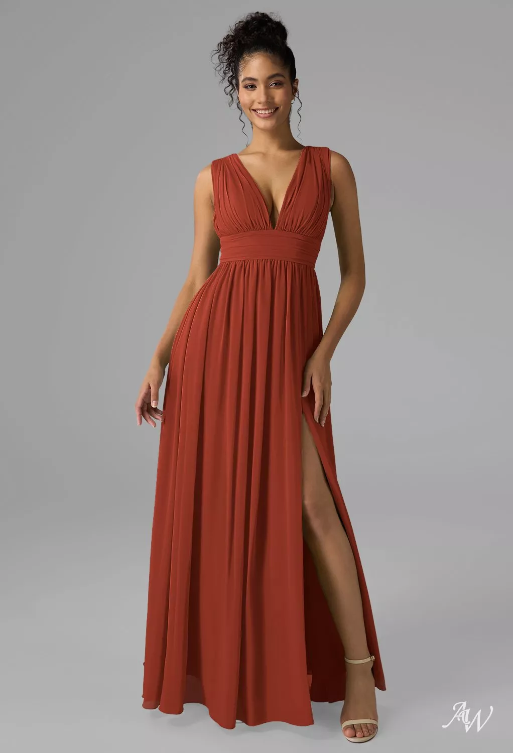 rust brown formal dress Elegant Rust Cool-shoulder V-neck Chiffon Evening Dress, Rust / US2 main image 1