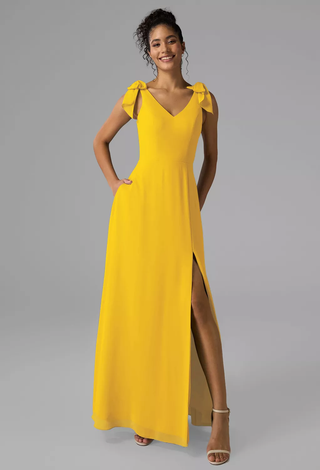 fitted lace wedding dress Ruffled Long A-Line Prom Dress with Cut Out Yellow / 12