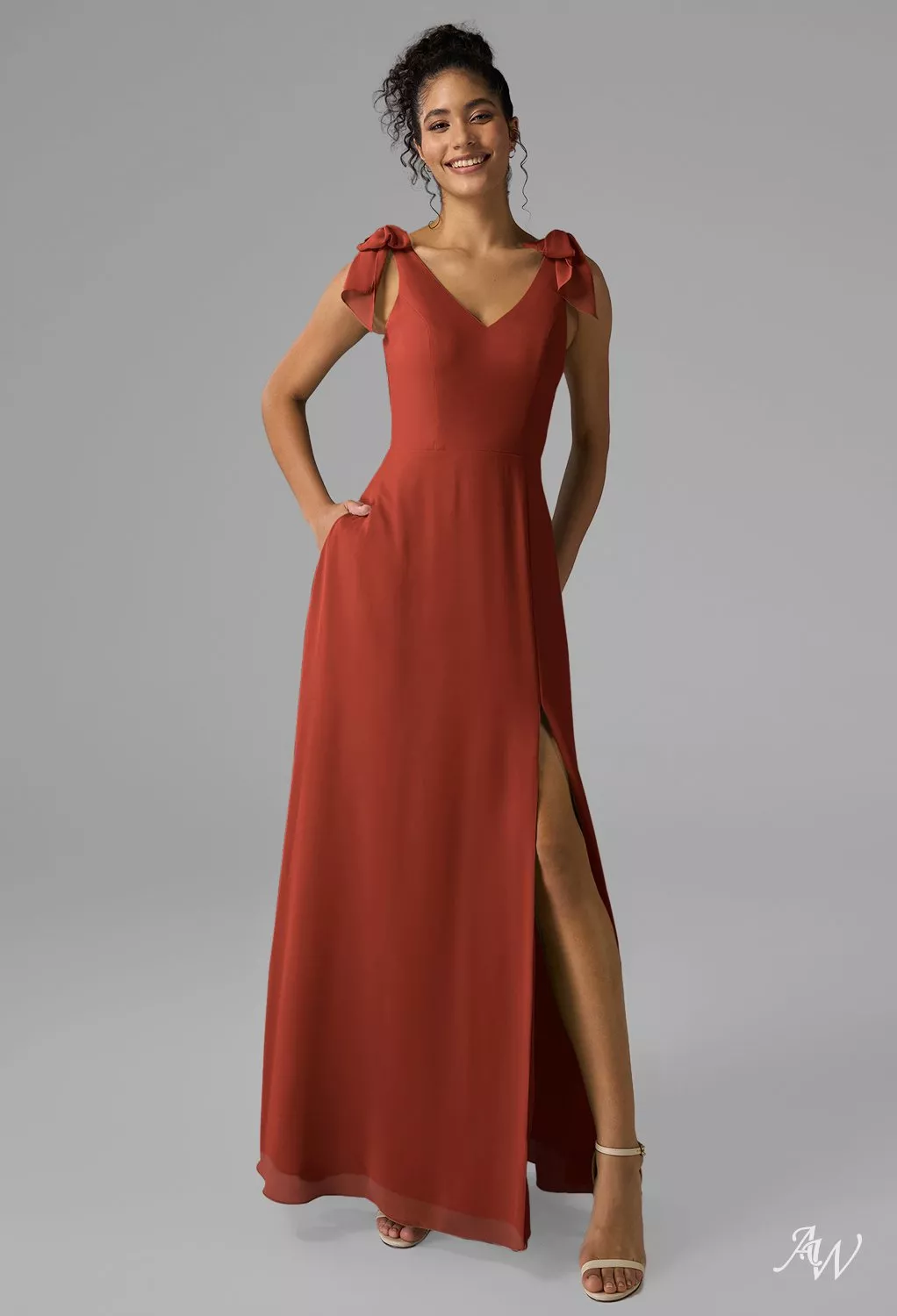 rust dresses bridesmaid BABARONI V-neck Full Length Chiffon Dress with Pleated Bodice Rust, Rust / US0 main image 0