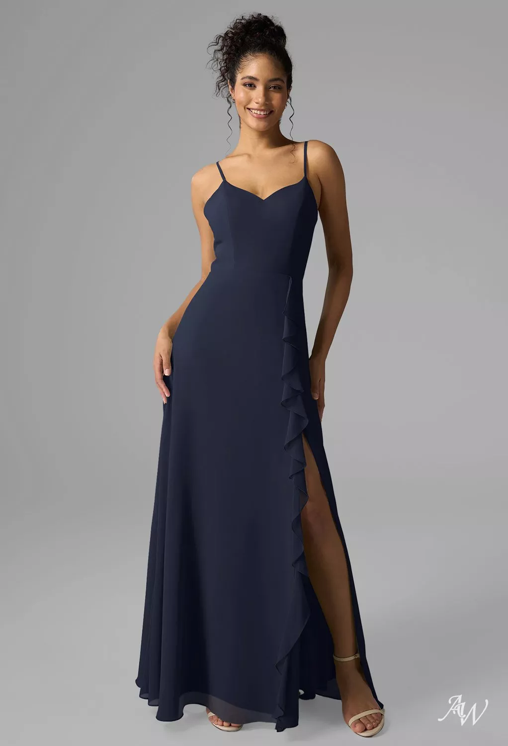 bridesmaid dresses alexandria AW.Bridal A-line V-Neck Floor Length Sleeveless Spaghetti Straps Ruffles Split Wedding Guest Dresses Dress Dark Navy Size 4