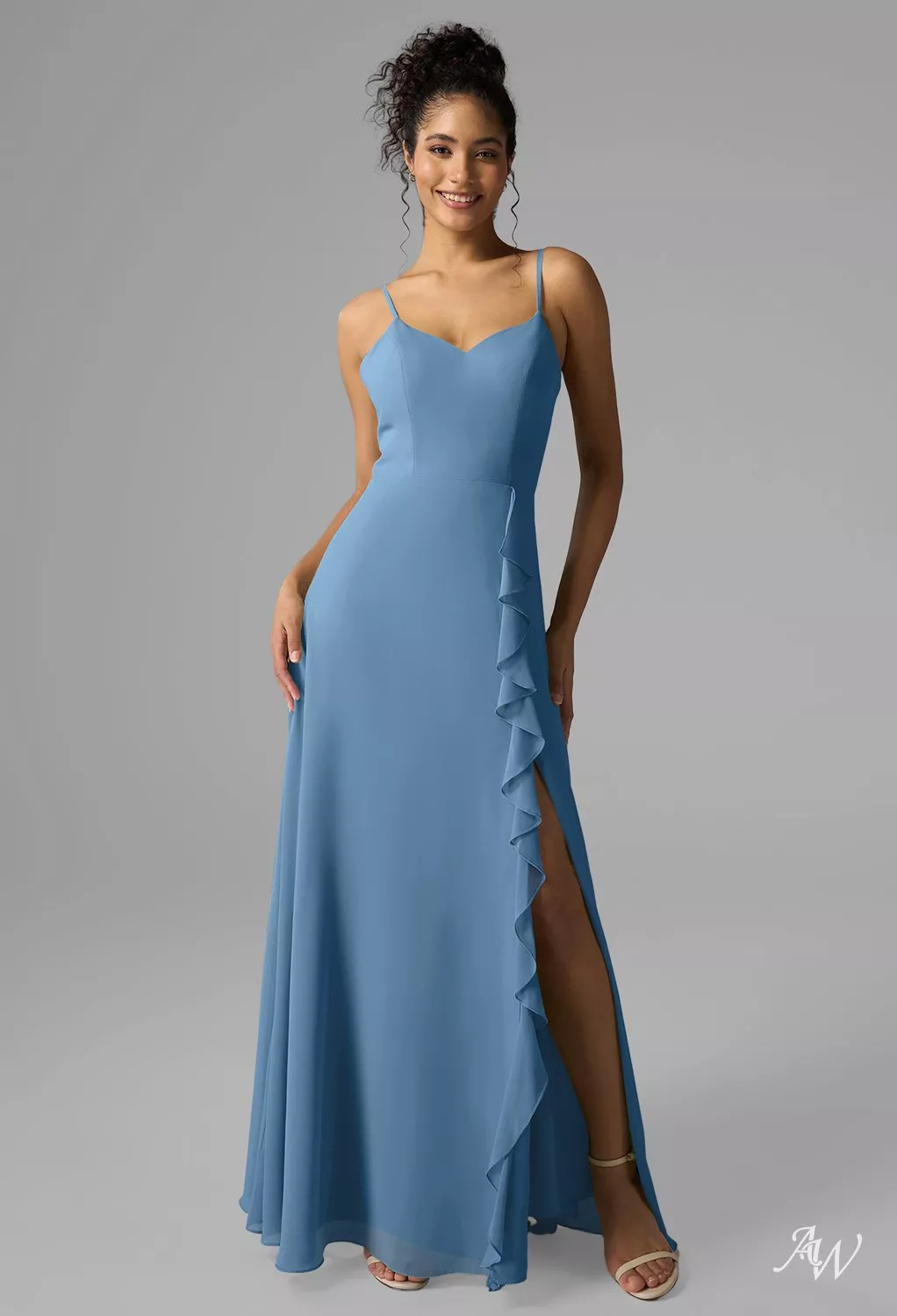 AW.Bridal A-Line V-Neck Floor Length Sleeveless Spaghetti Straps Chiffon Ruffles Split Long Bridesmaid Dresses Dusty Blue Size 4