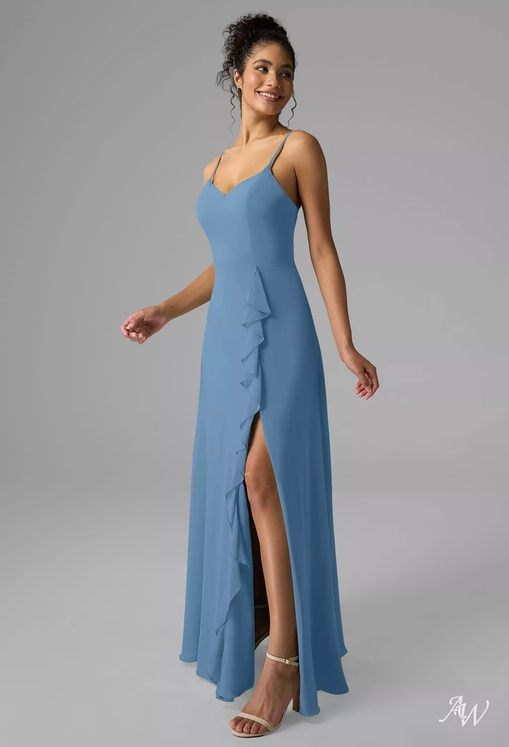 AW.Bridal A-line V-Neck Floor Length Sleeveless Spaghetti Straps Chiffon Ruffles Split Long Bridesmaid Dresses Dusty Blue Size 4