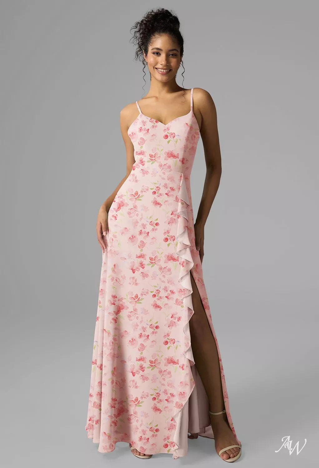 AW.Bridal A-Line V-Neck Floor Length Sleeveless Spaghetti Straps Ruffles Split Floral Wedding Guest Dresses Floral Dress Peach Blossom Breeze Size 4
