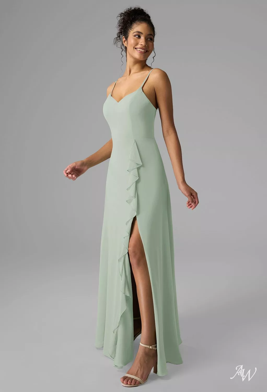 AW.Bridal A-line V-Neck Floor Length Sleeveless Spaghetti Straps Chiffon Ruffles Split Long Bridesmaid Dresses Sage Green Size 4
