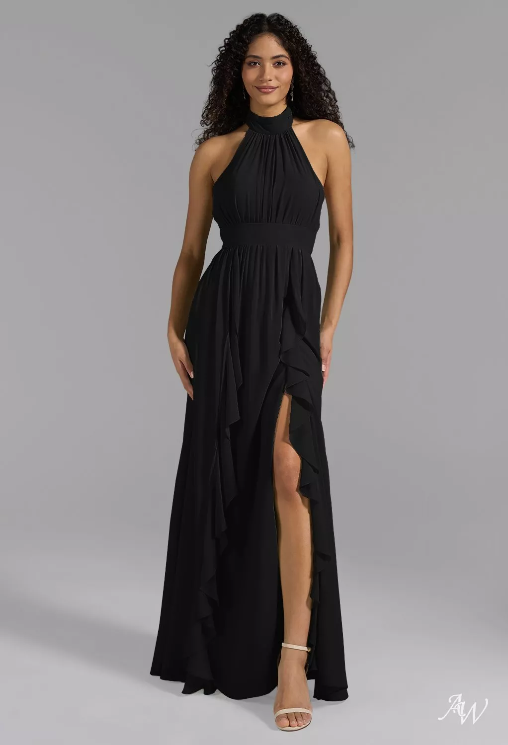 AW.Bridal A-line Halter Neckline Floor Length Sleeveless Pleat Ruffles Split Long Bridesmaid Dresses Dress Black Size 8