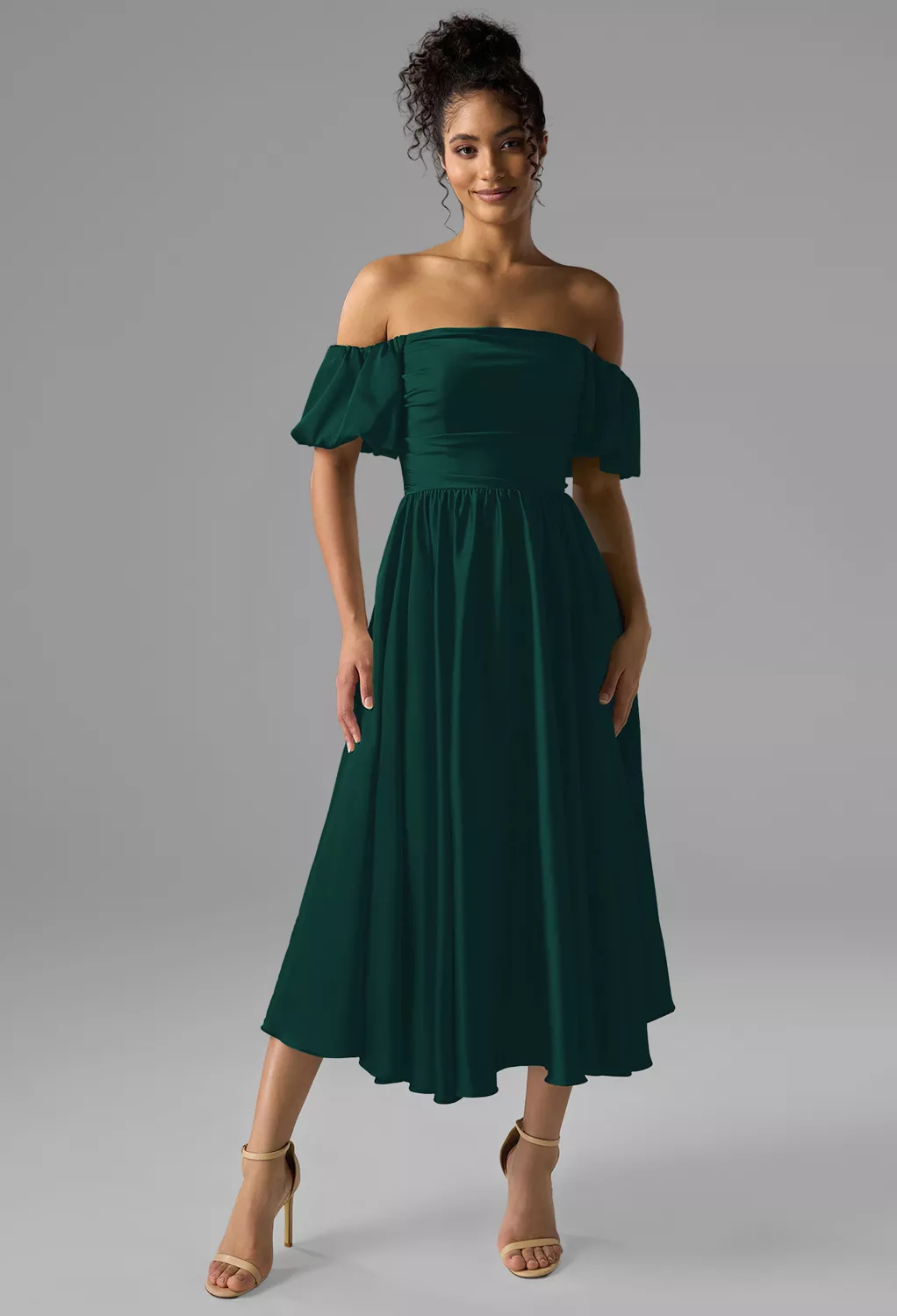white christmas dresses Hunter Green Split Neck Puff Short Sleeve Tiered Midi Dress