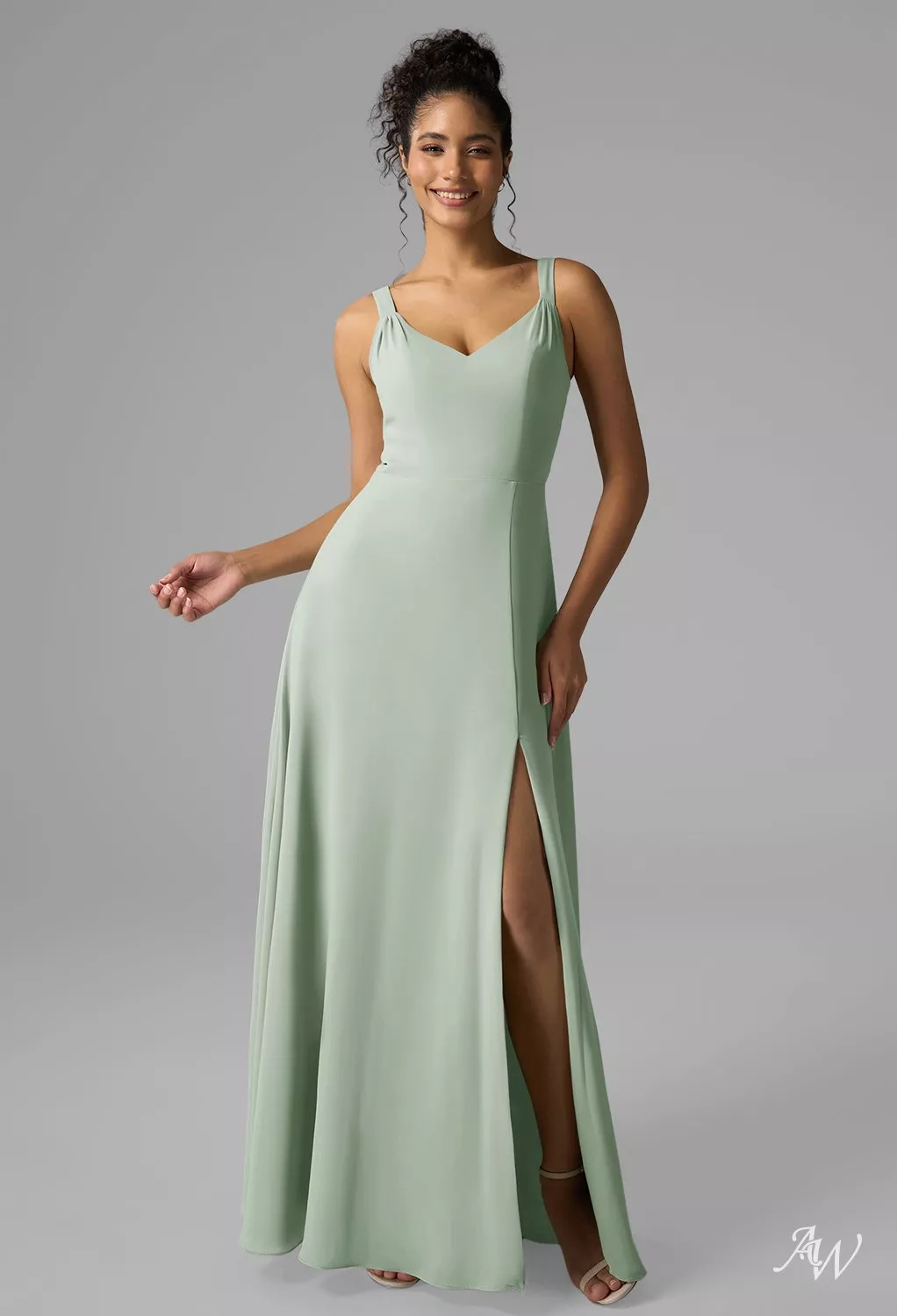 AW.Bridal A-Line V-Neck Floor Length Sleeveless Spaghetti Straps Split Long Bridesmaid Dresses Dress Sage Green Size 4