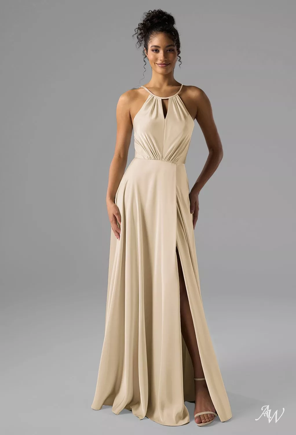 champagne satin bridesmaid dresses AW.Bridal A-line Halter Neckline Floor Length Pleat Ruching Split Long Dress Size 6 shoulder neckline that exudes G14 🍂🍂 @prettylittlething Black Washed Size:Custom made