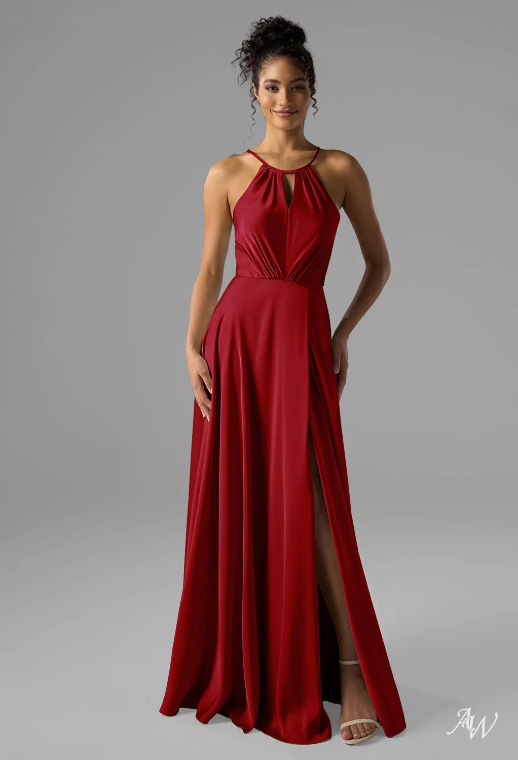 AW Fatima Dress, Rose Quartz Crystal Satin Satin Charmeuse Floor Length  Halter Neckline Bridesmaid Dresses | AW.Bridal