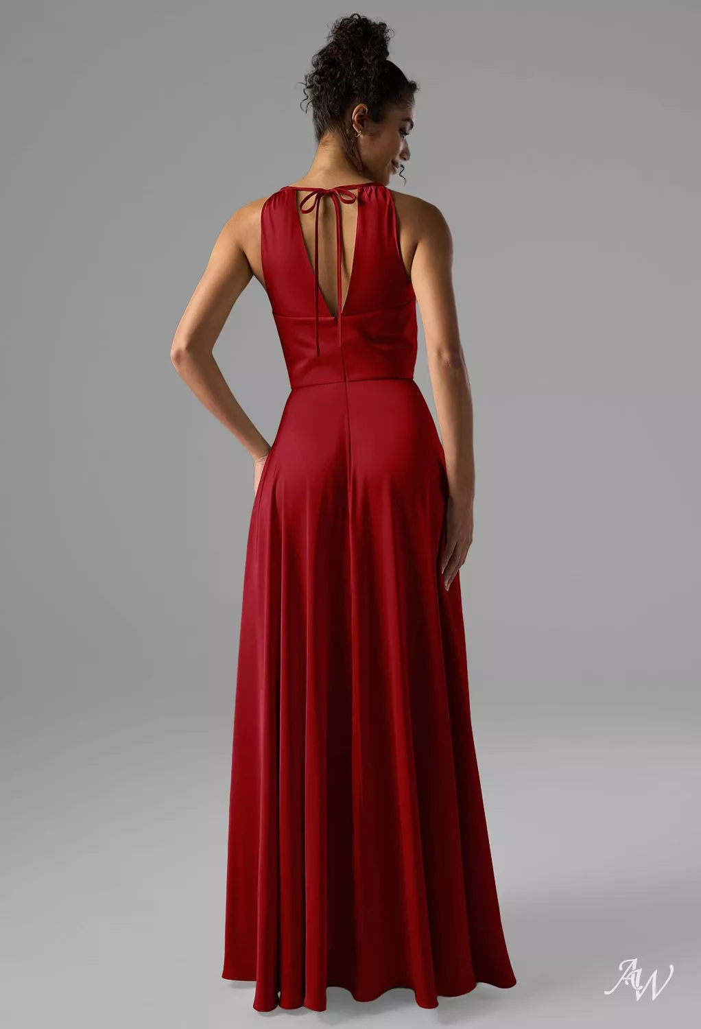 AW.Bridal A-line Halter Neckline Floor Length Satin Pleat Ruching Split Long Bridesmaid Dresses Dress Deep Claret Size 16