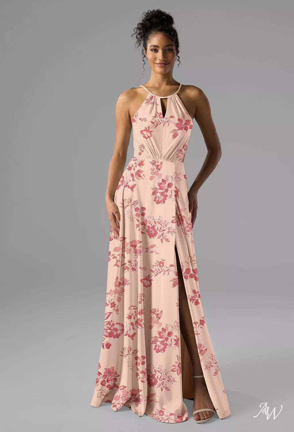 AW.Bridal A-line Halter Neckline Floor Length Satin Pleat Ruching Split Floral Bridesmaid Dresses Floral Dress Pink Cherry Blossom Size 4