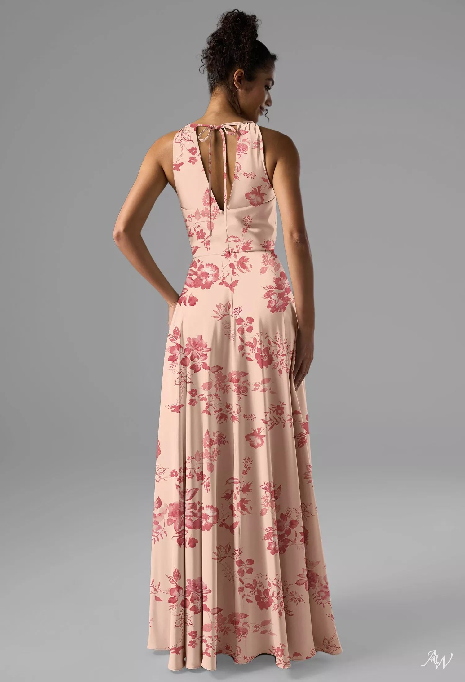 AW.Bridal A-line Halter Neckline Floor Length Satin Pleat Ruching Split Floral Bridesmaid Dresses Floral Dress Pink Cherry Blossom Size 6