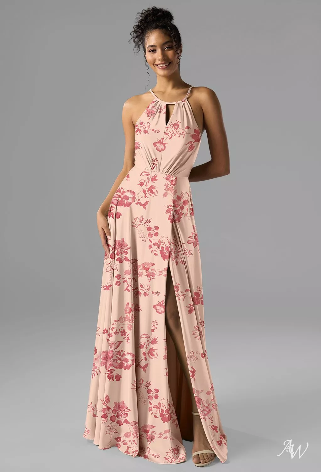 pink pattern bridesmaid dress AW.Bridal A-line Halter Neckline Floor Length Satin Pleat Ruching Split Floral Dresses Floral Cherry Blossom Size 6 Dress (1 Pc.):M creating a lustrous backdrop collection:new-arrivals-workwear kelsseylayton on LTK