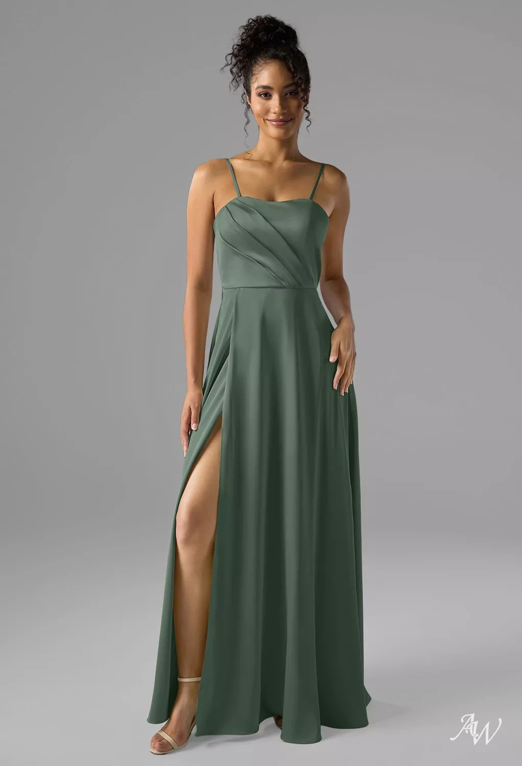 dark olive bridesmaid dresses AW.Bridal A-line Sweetheart Neckline Sleeveless Spaghetti Straps Satin Pleat Ruching Split Long Dress Size 8 The 80 sashes from