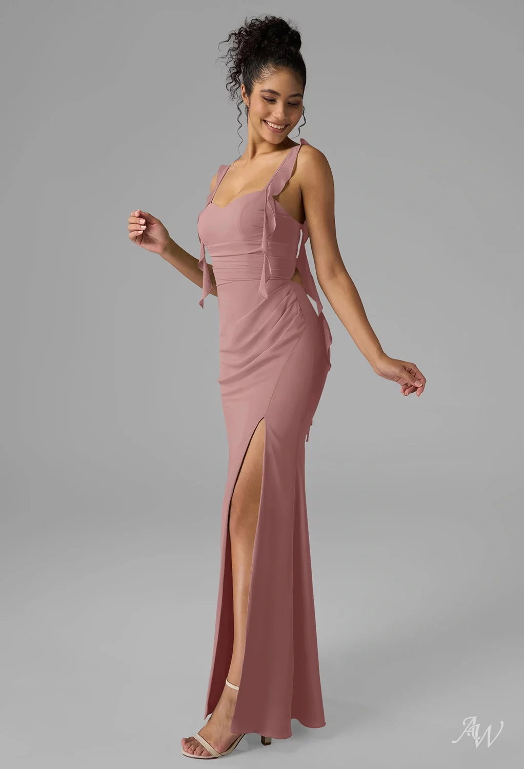 AW.Bridal Mermaid Sweetheart Neckline Floor Length Sleeveless Spaghetti Straps Chiffon Ruching Split Long Bridesmaid Dresses Dusty Rose Size 18