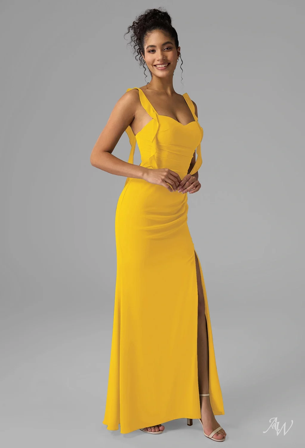 mustard gold bridesmaid dresses AW.Bridal Mermaid Sweetheart Neckline Floor Length Sleeveless Spaghetti Straps Ruching Split Long Dress Yellow Size 6 this dress is lined