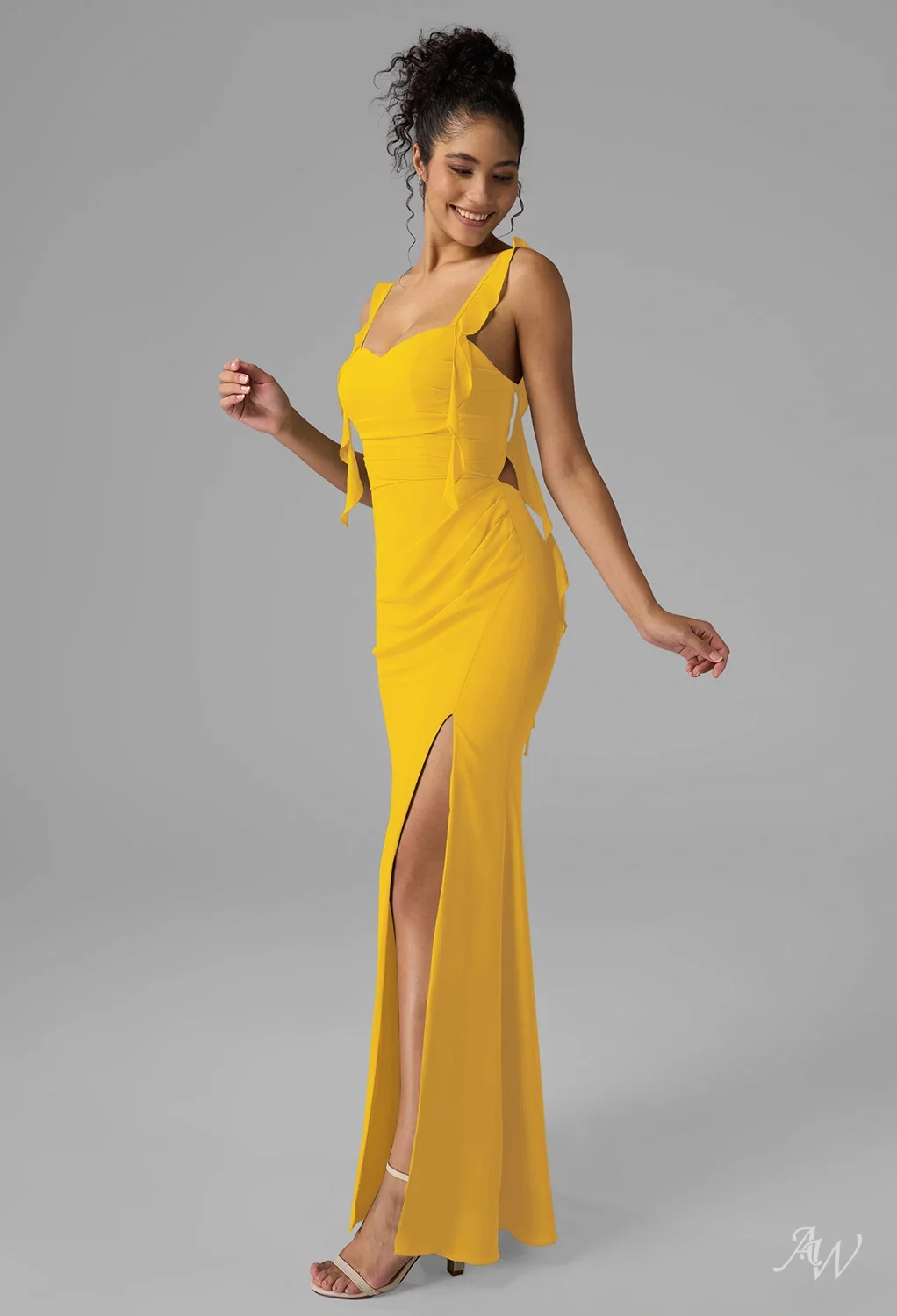 AW.Bridal Mermaid Sweetheart Neckline Floor Length Sleeveless Spaghetti Straps Ruching Split Long Bridesmaid Dresses Dress Mustard Yellow Size 6