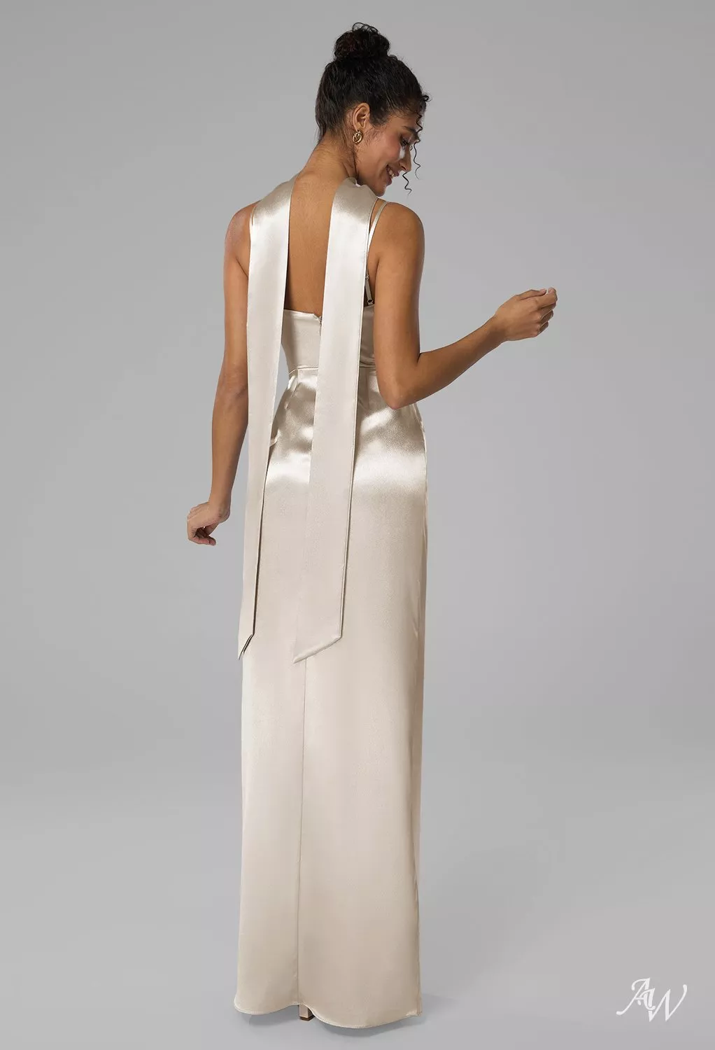 AW Delores Dress, Champagne Crystal Satin Satin Charmeuse Floor Length  Scoop/U-Neck Bridesmaid Dresses | AW.Bridal