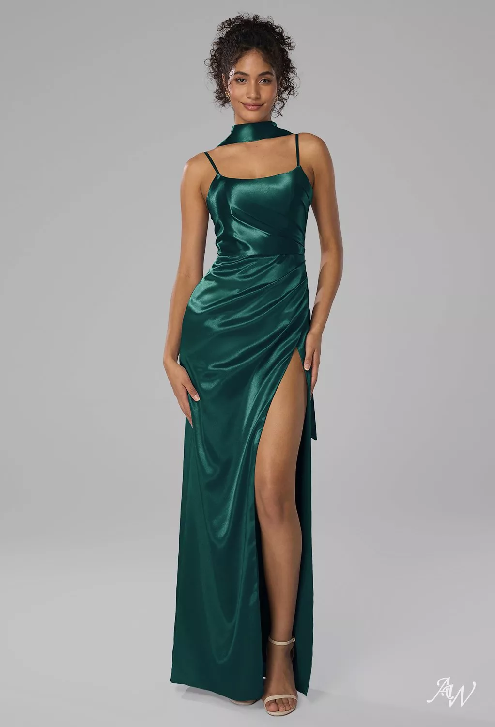 AW Delores Dress, Champagne Crystal Satin Satin Charmeuse Floor Length  Scoop/U-Neck Bridesmaid Dresses | AW.Bridal