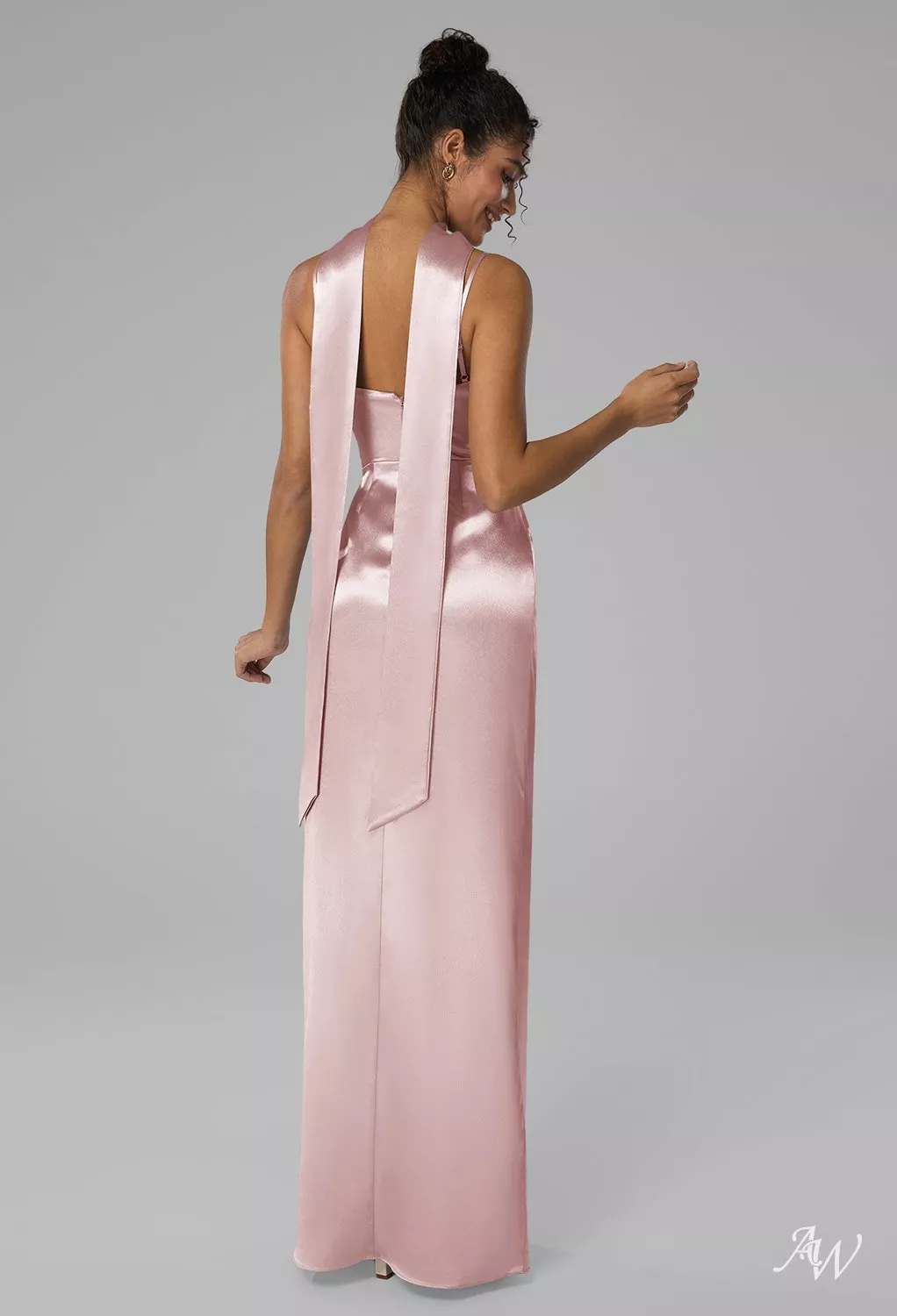 AW.Bridal Column Scoop/U-Neck Floor Length Sleeveless Spaghetti Straps Crystal Satin Ruching Split Wedding Guest Dresses Dress Pearl Pink Size 6