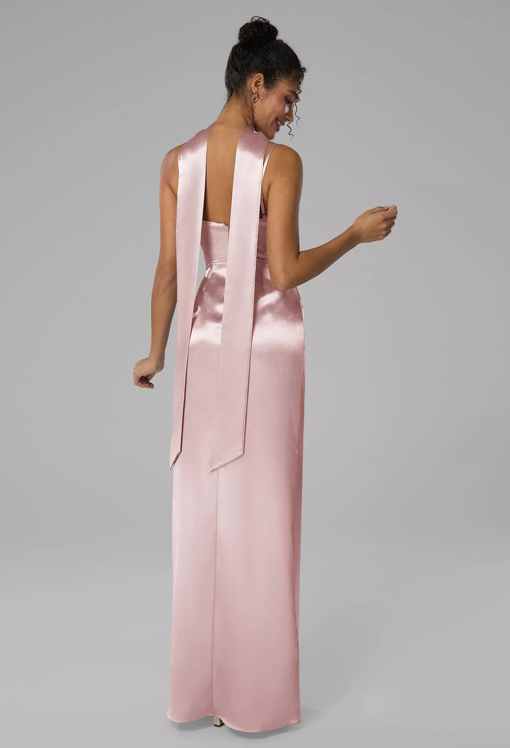AW.Bridal Column Scoop/U-Neck Floor Length Sleeveless Spaghetti Straps Crystal Satin Ruching Split Long Bridesmaid Dresses Dress Pearl Pink Size 18