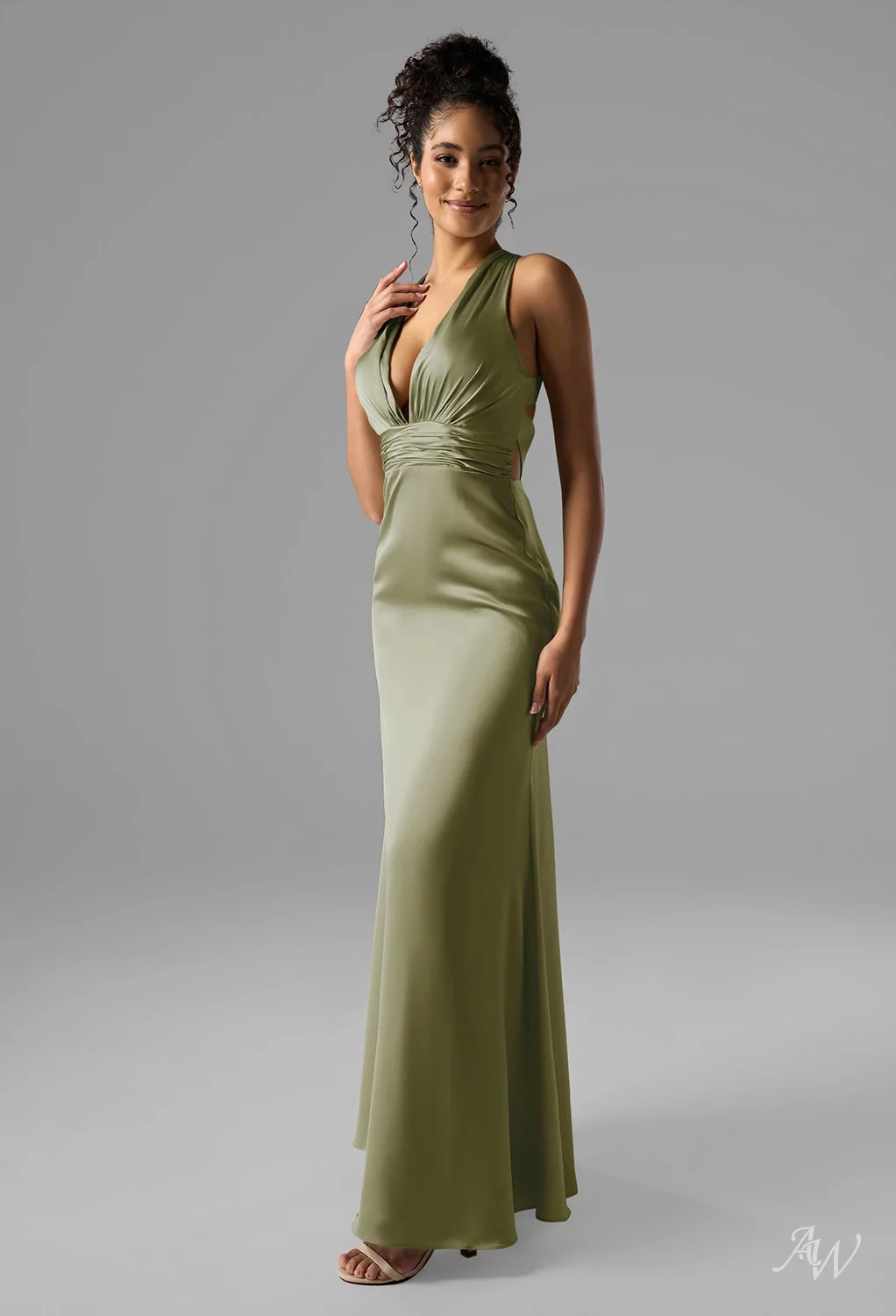 AW Erika Dress, Sage Green Crystal Satin Satin Charmeuse Stretch Satin  Floor Length V-Neck Bridesmaid Dresses | AW.Bridal