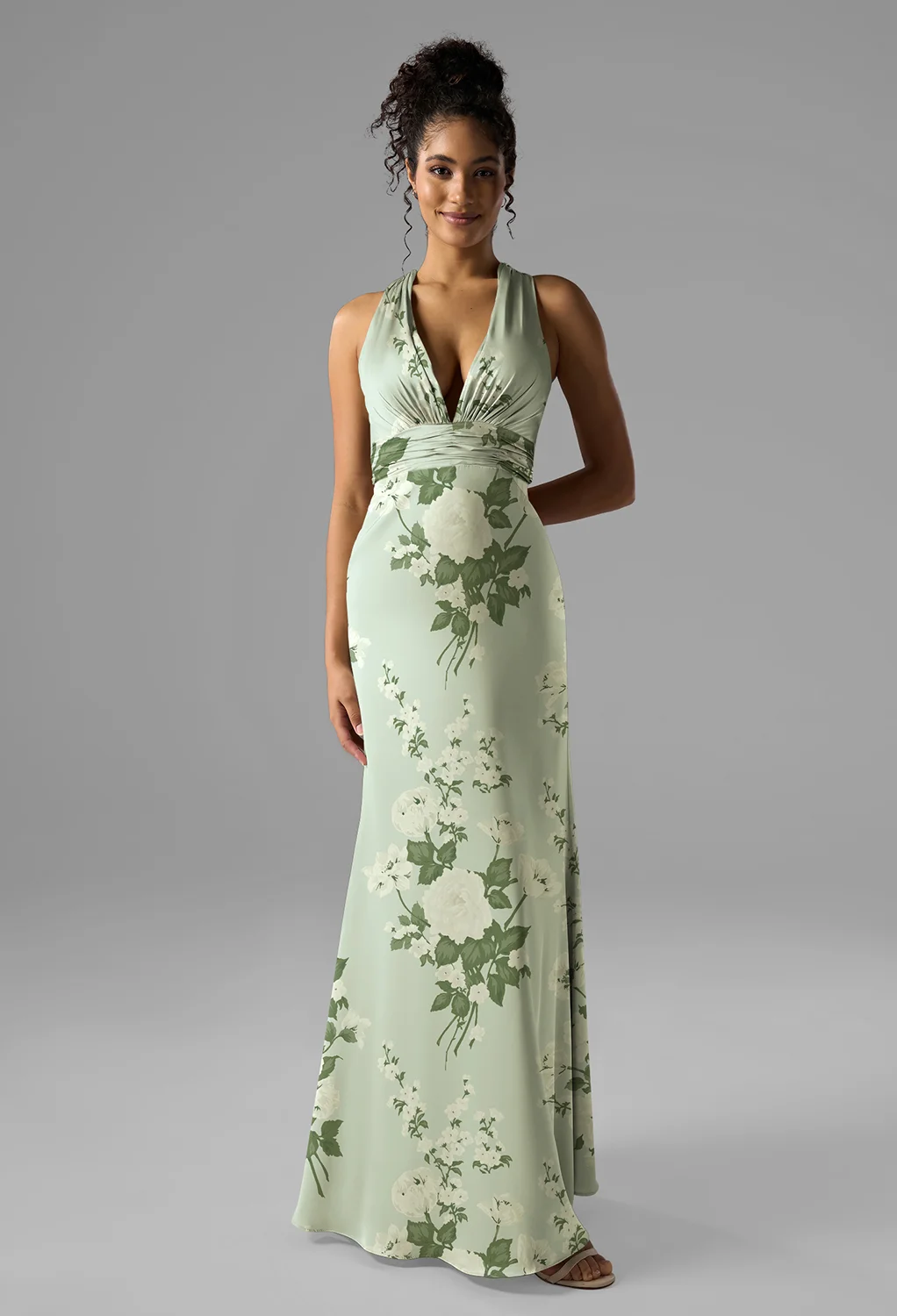 Mottled Moss Green, Green Floral, Crisscross Back Bridesmaid Dresses |  AW.Bridal