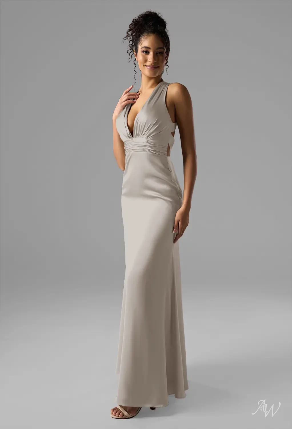 mushroom taupe bridesmaid dresses AW.Bridal A-line V-Neck Floor Length Satin Backless Crisscross Back Wedding Guest Dresses Dress Mushroom Taupe Size 16