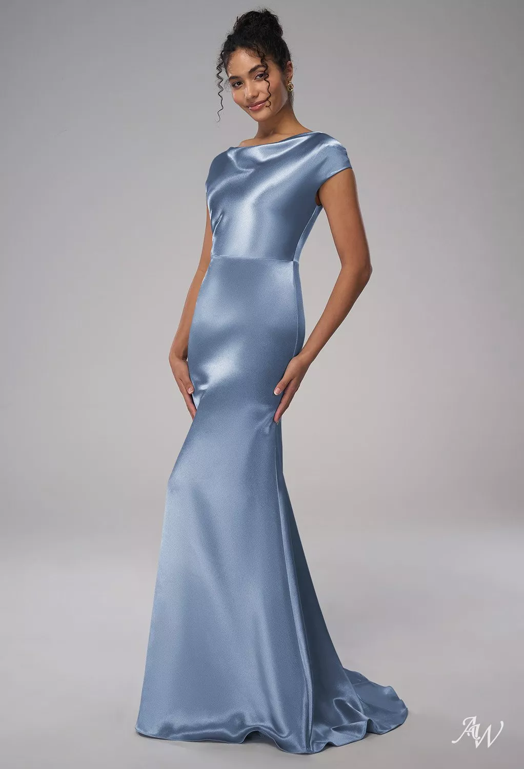 crystal blue bridesmaid dresses AW.Bridal Mermaid Cowl Neckline Floor Length Crystal Satin Long Bridesmaid Dresses Dress Dusty Blue Plus Size 16