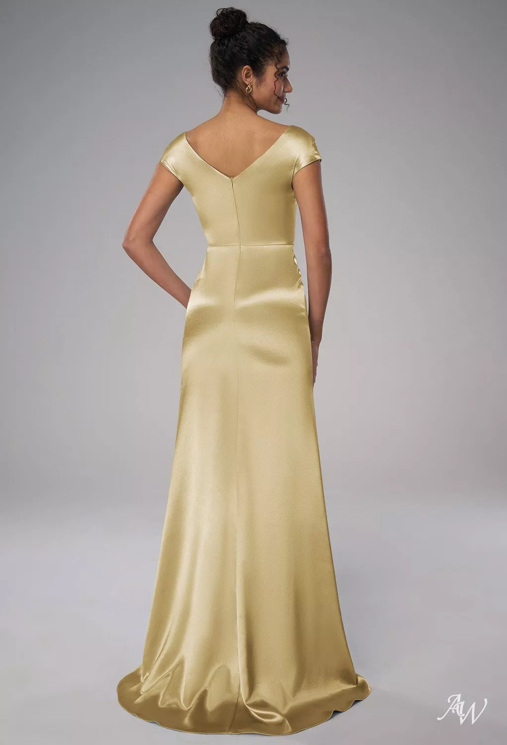 AW Louie Dress, Champagne Crystal Satin Satin Charmeuse Stretch Satin Floor  Length Cowl Neckline Bridesmaid Dresses | AW.Bridal