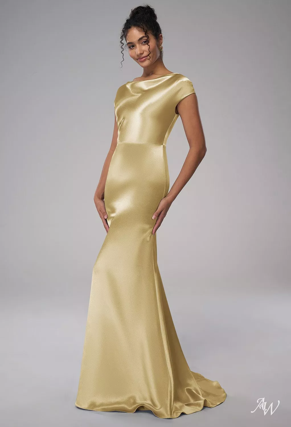 AW.Bridal Mermaid Cowl Neckline Floor Length Crystal Satin Long Bridesmaid Dresses Dress Light Gold Plus Size 18