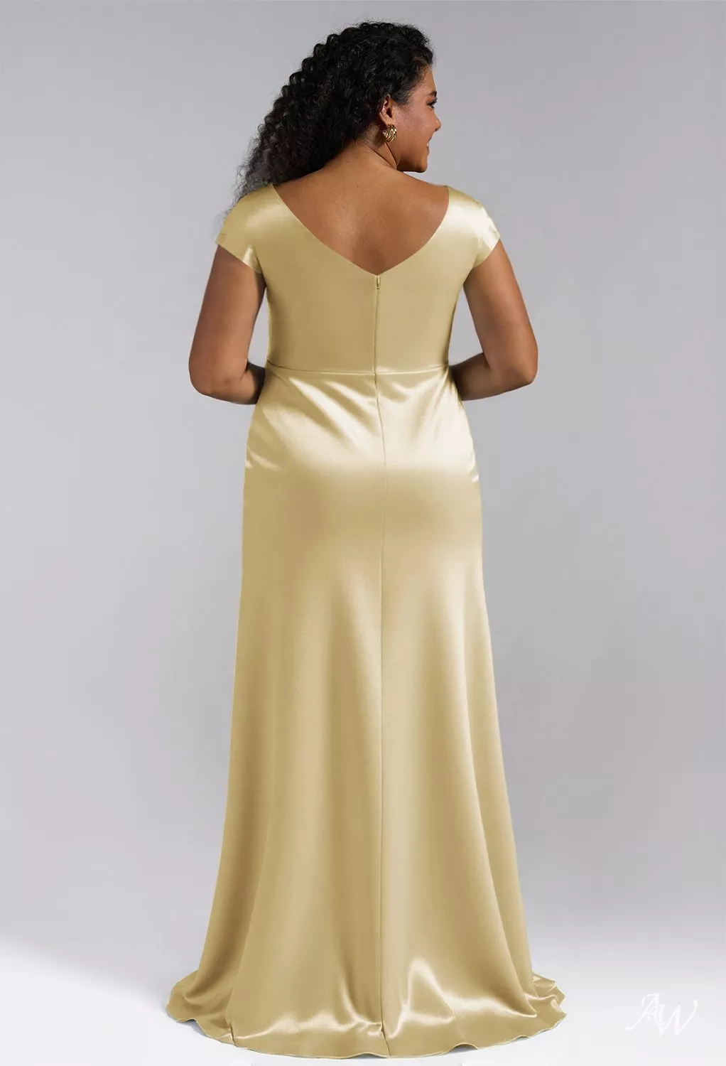AW.Bridal Mermaid Cowl Neckline Floor Length Crystal Satin Long Bridesmaid Dresses Dress Light Gold Plus Size 18