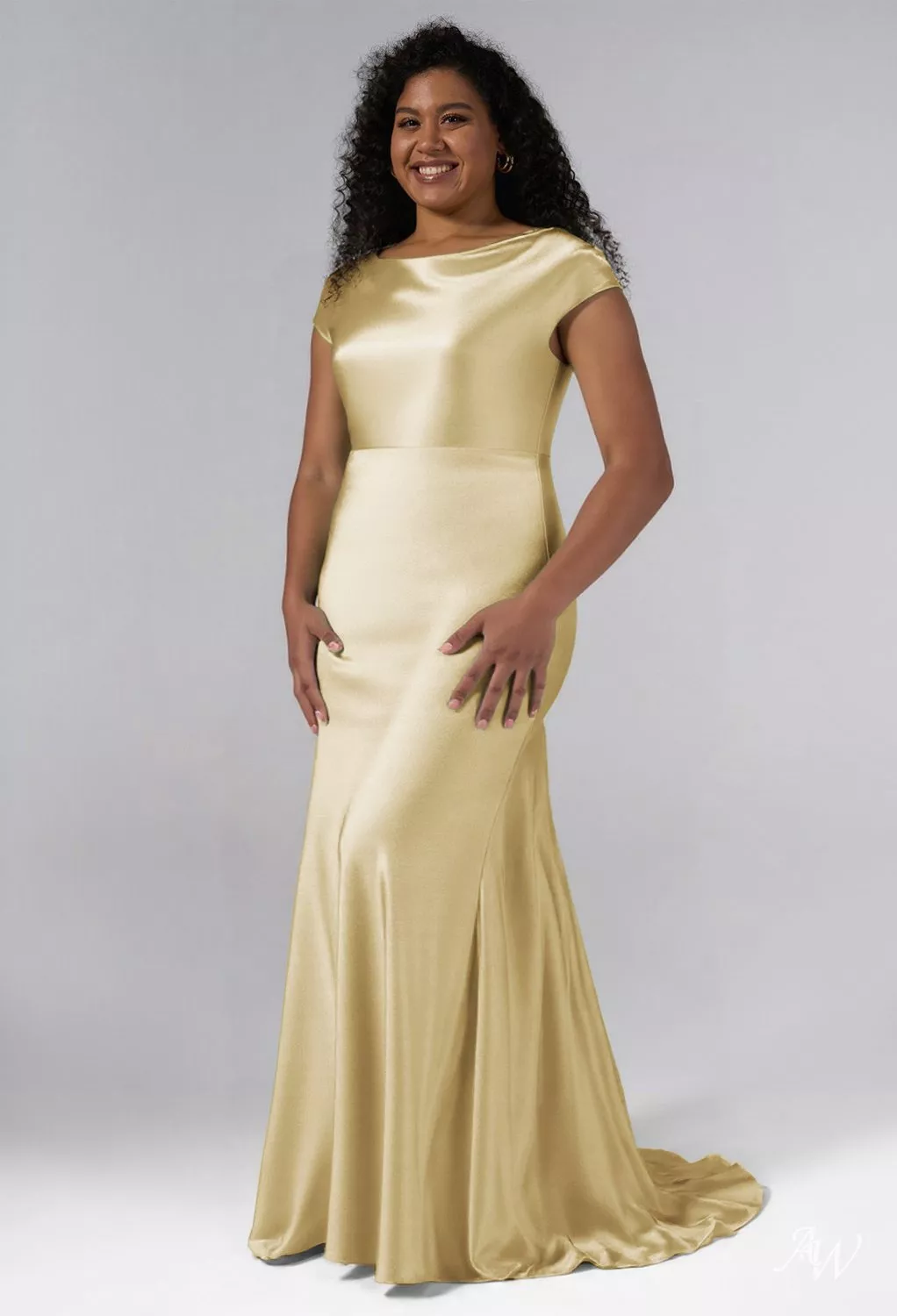 AW.Bridal Mermaid Cowl Neckline Floor Length Crystal Satin Long Bridesmaid Dresses Dress Light Gold Plus Size 18