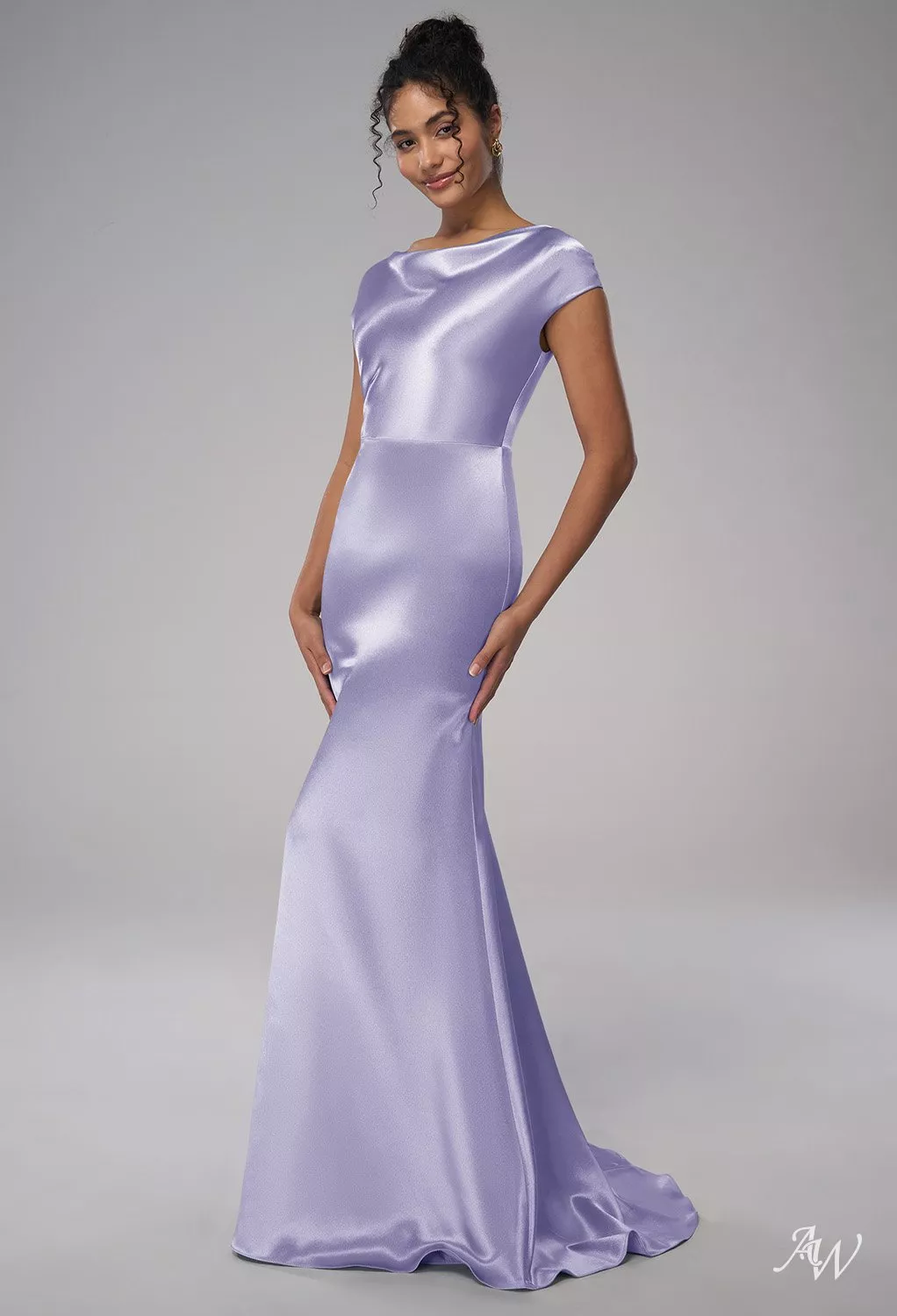 AW.Bridal Mermaid Cowl Neckline Floor Length Crystal Satin Long Bridesmaid Dresses Dress Purple Haze Size 6