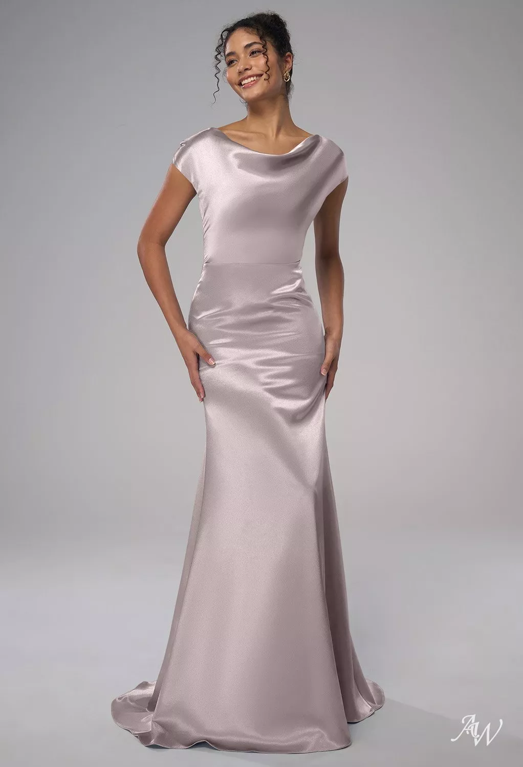 AW.Bridal Mermaid Cowl Neckline Floor Length Crystal Satin Long Bridesmaid Dresses Dress Taupe Size 8