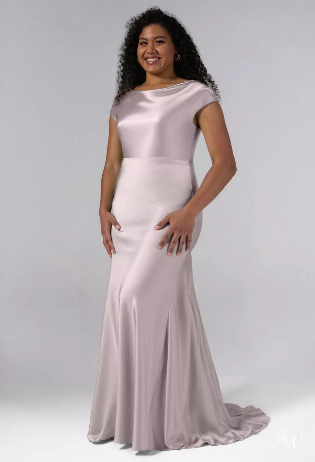 AW.Bridal Mermaid Cowl Neckline Floor Length Crystal Satin Long Bridesmaid Dresses Dress Taupe Size 8