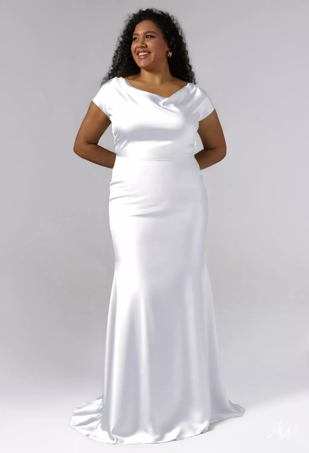 AW.Bridal Mermaid Cowl Neckline Floor Length Crystal Satin Long Bridesmaid Dresses Dress White Plus Size 18