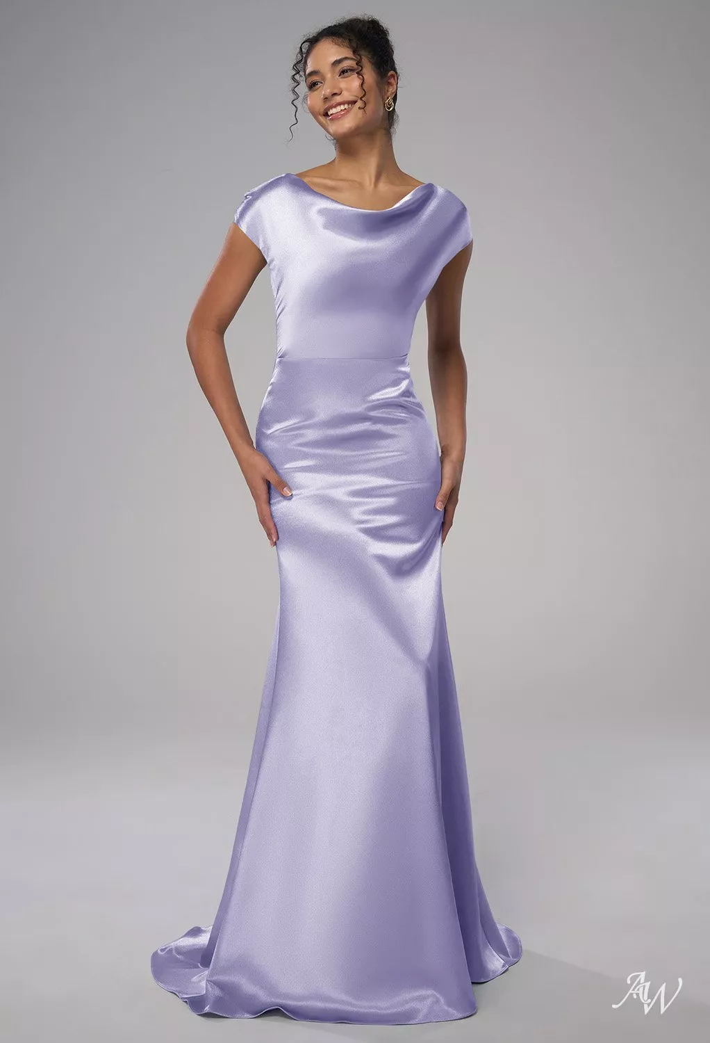 satin charmeuse bridesmaid dress AW.Bridal Dresses Mermaid Cowl Neckline Floor Length Purple Haze Size 4 Flavor:Lemon Cake w/ Bavarian Cream & Strawberry Puree