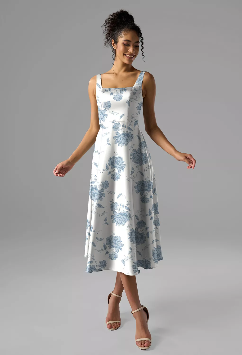 Dusty Blue Peonies Wedding Guest Dresses | AW.Bridal