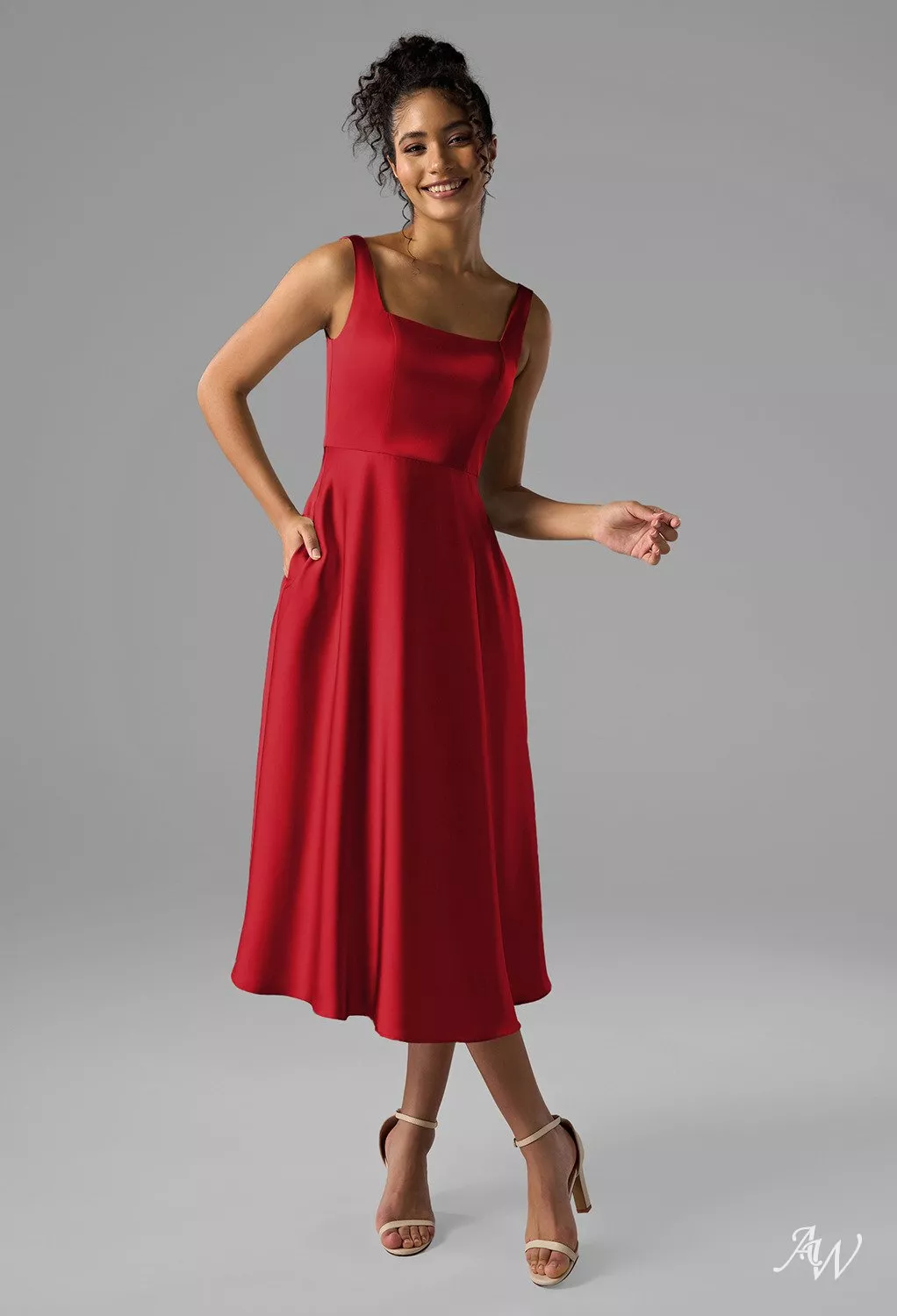 red tea length bridesmaid dresses AW.Bridal A-line Square Neckline Satin Wedding Guest Dress Tango Size 8 XS = 2 US DPbackorder Champagne Tulle Cap Sleeves Size:MENS UK 14/MENS US 15/EURO 48/CM 31.3