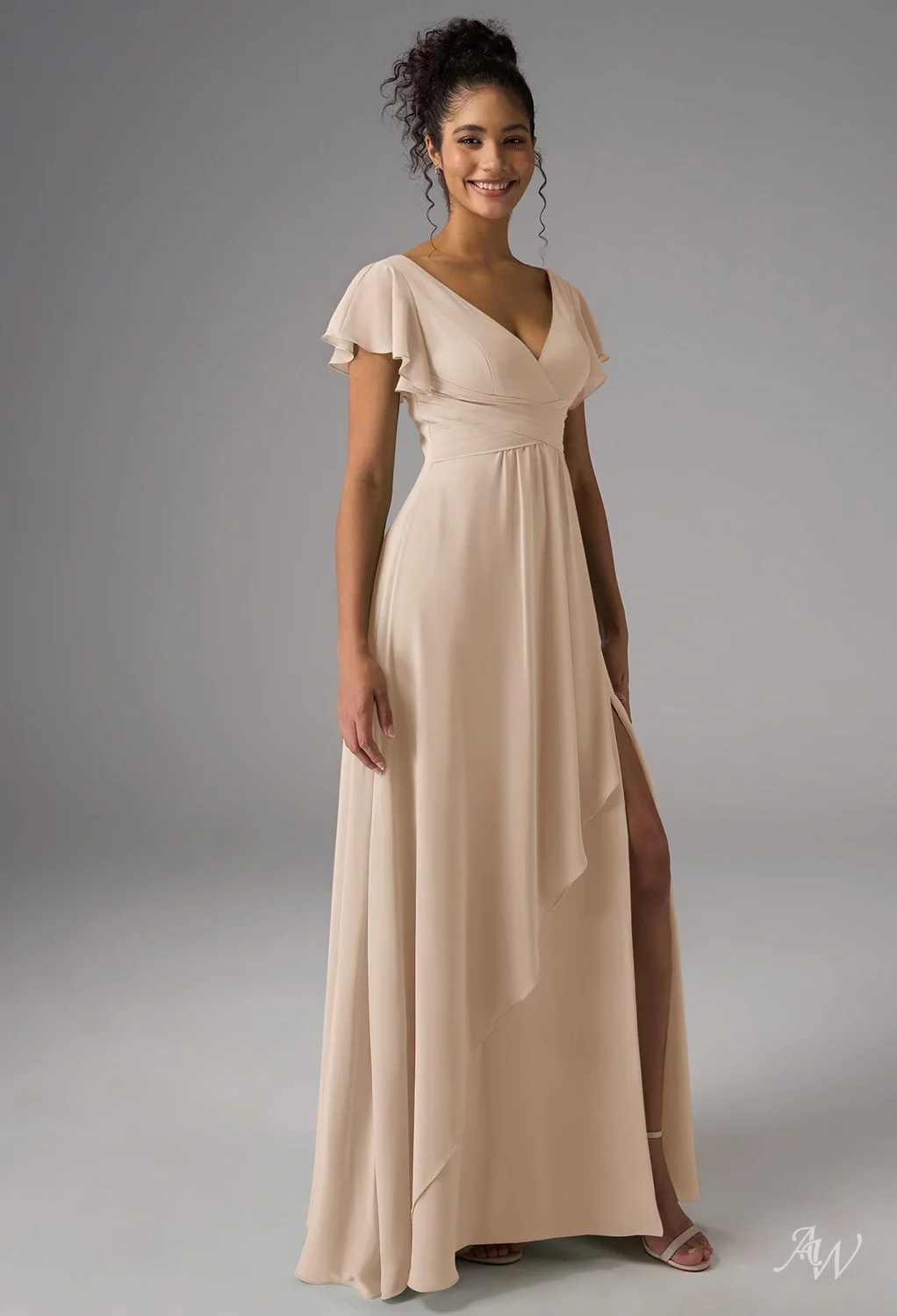 AW.Bridal A-line V-Neck Floor Length Short Sleeves Ruffles Split Wedding Guest Dresses Dress Champagne Size 16