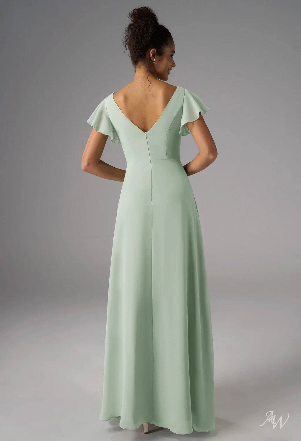 AW.Bridal A-line V-Neck Floor Length Short Sleeves Chiffon Ruffles Split Long Bridesmaid Dresses Sage Green Size 8