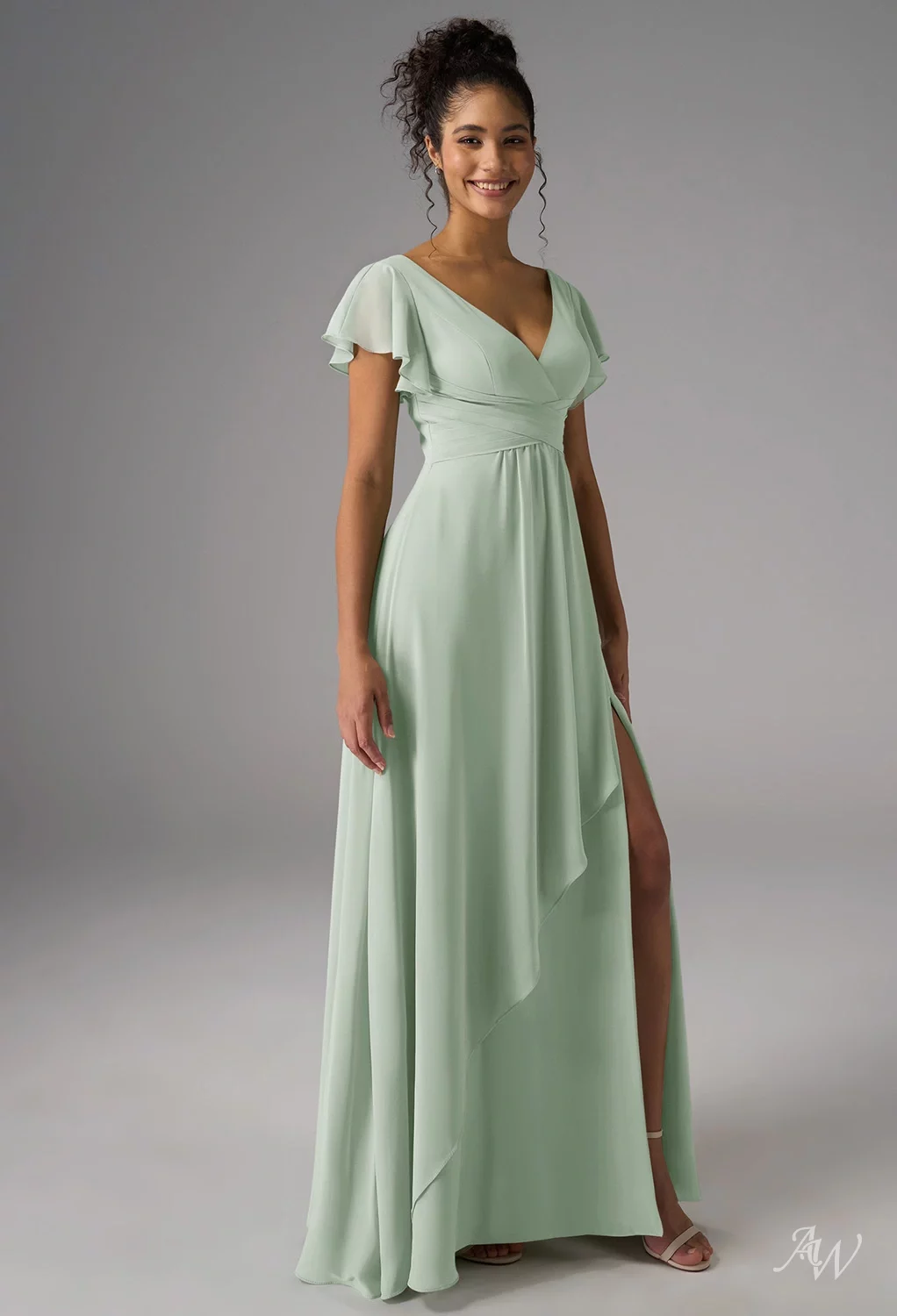 lime green maid of honor dresses Mint Green Ruched V-neck Spaghetti Straps Chiffon Bridesmaid Gown main image 1